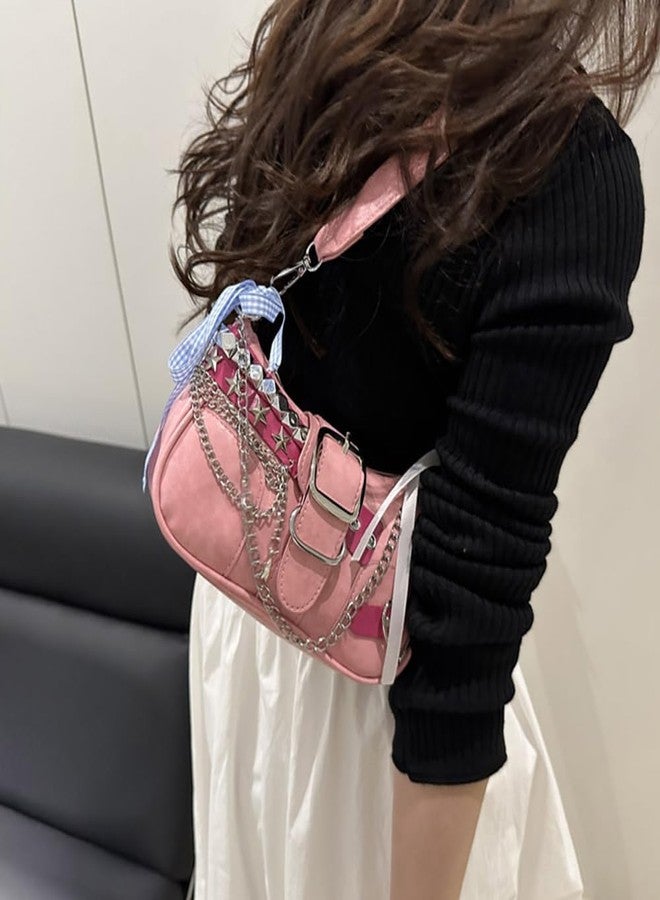 Geelyda Women's Y2k Star Embroidery Shoulder Bag Mini Chain Hobo Handbag Purses - Pink - Image 3