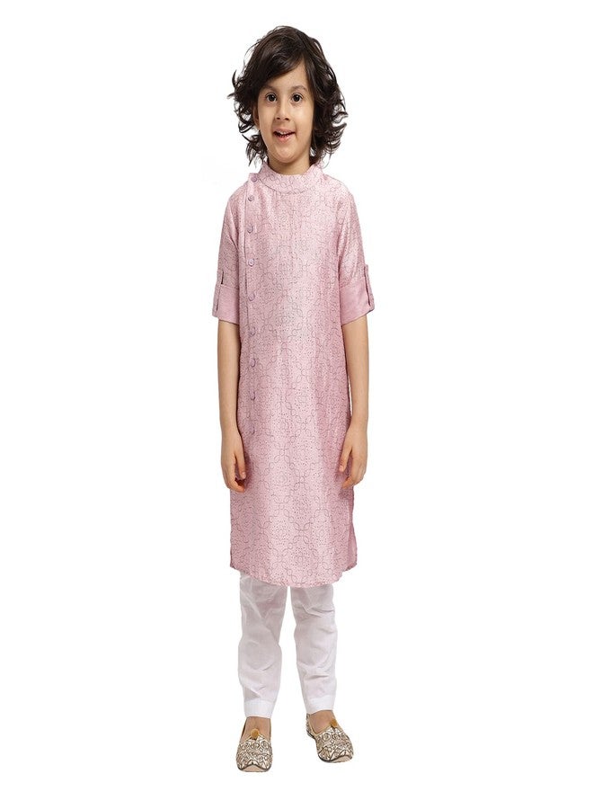 Piccolo, Silk Blend Printed Kurta Pyjama Set, Ethnic Wear, Full Sleeves Kurta and Pyjama/Pajama, Traditional Dress for Boys Kids (Color - Baby Pink) - Image 1