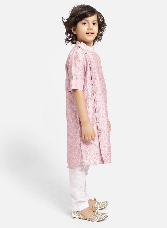 Piccolo, Silk Blend Printed Kurta Pyjama Set, Ethnic Wear, Full Sleeves Kurta and Pyjama/Pajama, Traditional Dress for Boys Kids (Color - Baby Pink) - Image 2