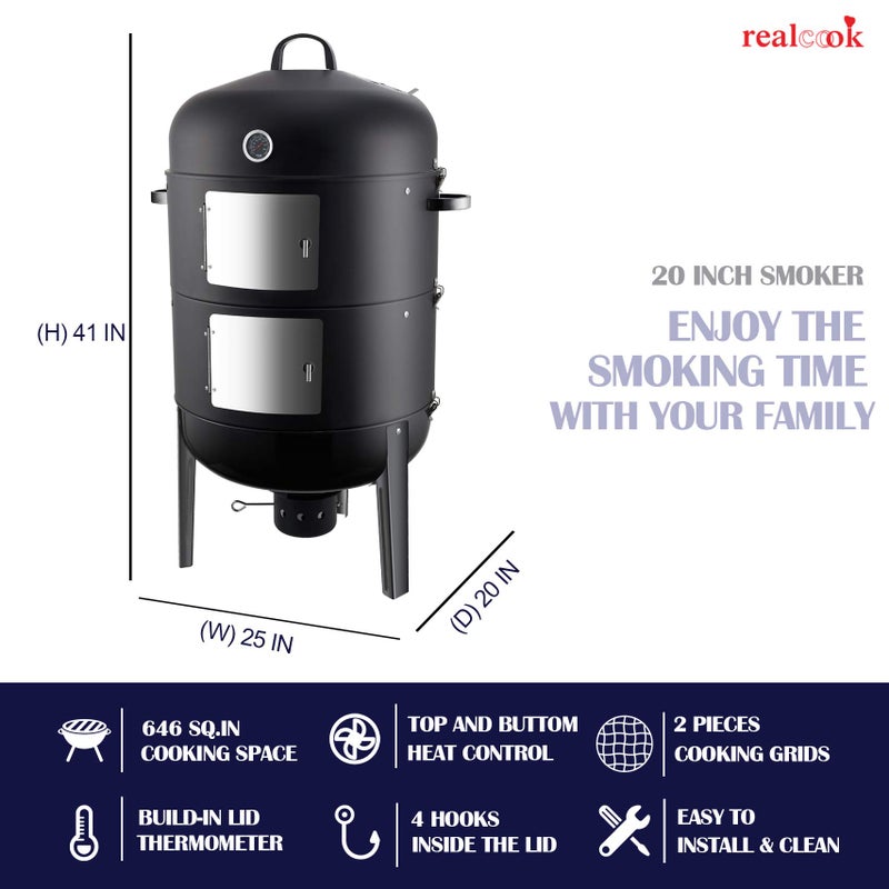 Realcook Charcoal BBQ Smoker Grill - 20 Inch Vertical Smoker for Outdoor Cooking Grilling - Image 3