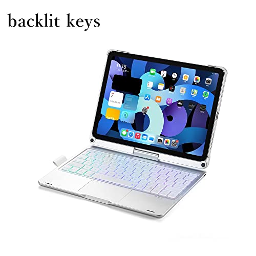 HENGHUI 360 Rotatable Keyboard Case for iPad Air 5th 4th Generation 2022/2020, iPad Pro 11 inch 4th 3rd 2nd Gen Backlight Keyboard with Trackpad, Bluetooth Foldable Keyboard Cover (Silver) - Image 2