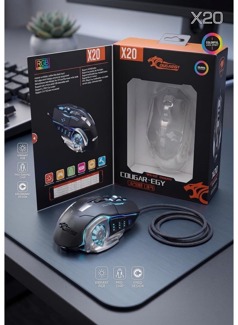 كوجار ماوس ألعاب سلكي COUGAR-EGY X20، 3200 نقطة لكل بوصة، 6 أزرار قابلة للبرمجة، إضاءة RGB، تصميم مريح، أسود - Image 2