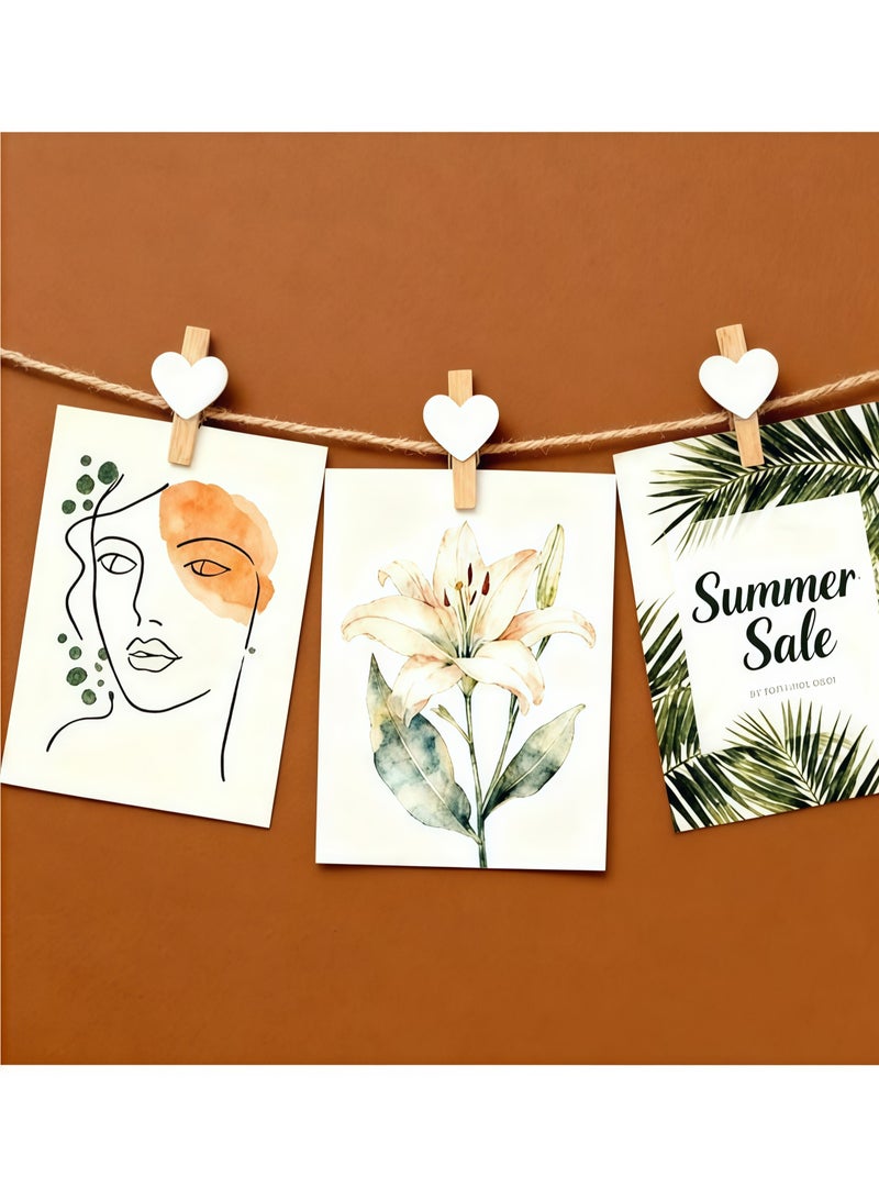 50 قطعة من مشابك الصور الخشبية على شكل قلب وردي، مشابك ملابس صغيرة للصور، مع خيط 5 أمتار لتعليق الصور - Image 2