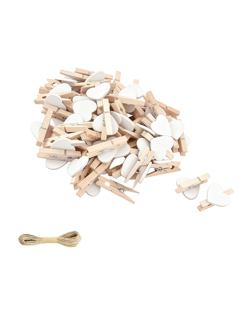 50 قطعة من مشابك الصور الخشبية على شكل قلب وردي، مشابك ملابس صغيرة للصور، مع خيط 5 أمتار لتعليق الصور - Image 1