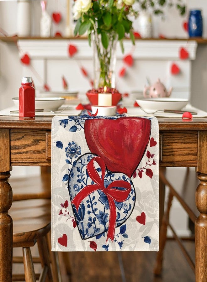 Artoid Mode Blue and White Porcelain Heart 210 GSM Valentine's Table Runner, Red Bow Kitchen Dining Table Decoration for Home Party Decor 13x90 Inch - Image 2
