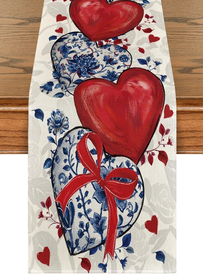 Artoid Mode Blue and White Porcelain Heart 210 GSM Valentine's Table Runner, Red Bow Kitchen Dining Table Decoration for Home Party Decor 13x90 Inch - Image 1