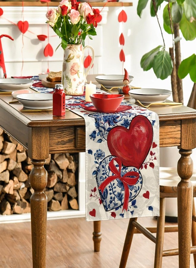 Artoid Mode Blue and White Porcelain Heart 210 GSM Valentine's Table Runner, Red Bow Kitchen Dining Table Decoration for Home Party Decor 13x90 Inch - Image 3