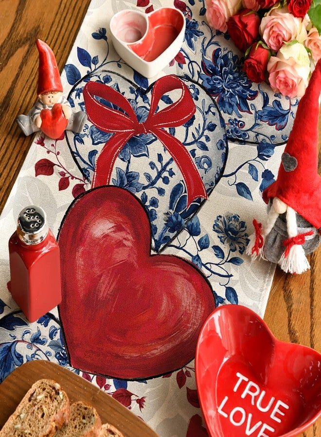 Artoid Mode Blue and White Porcelain Heart 210 GSM Valentine's Table Runner, Red Bow Kitchen Dining Table Decoration for Home Party Decor 13x90 Inch - Image 4