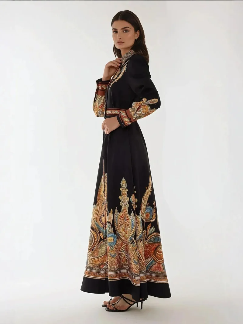 زوبعة فستان ماكسي طويل الأكمام مطبوع بحزام