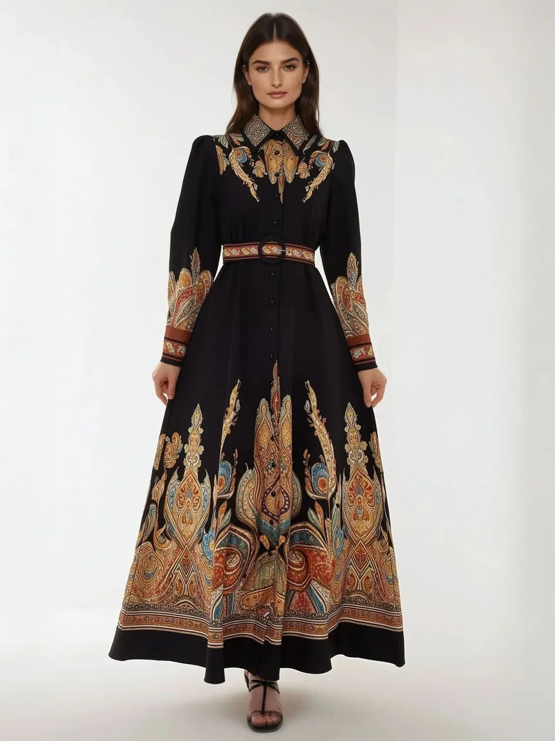 زوبعة فستان ماكسي طويل الأكمام مطبوع بحزام