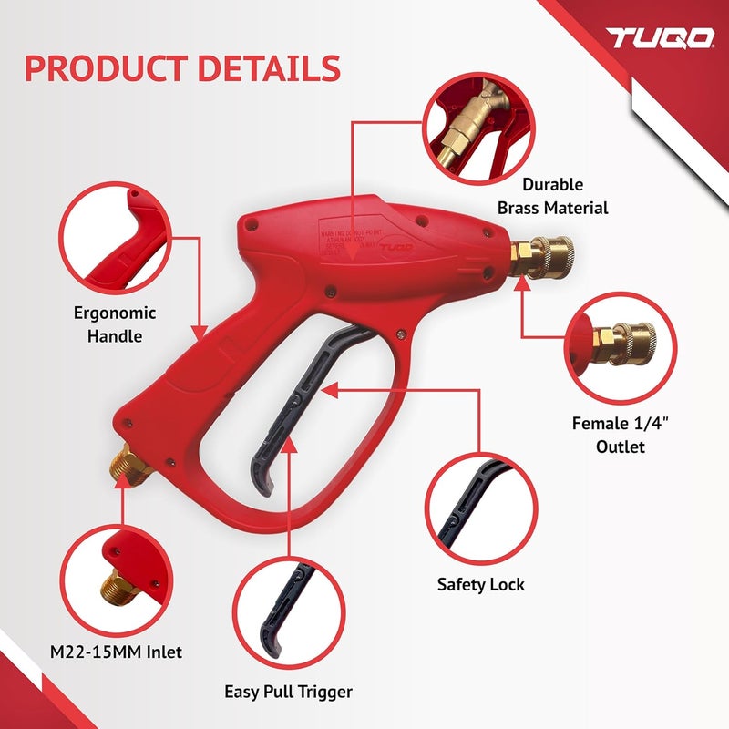 TUQO Pressure Washer Gun with 4 Spray Nozzles & 1/4" Brass Coupler, M22-15mm, Suits most High Pressure Washers with hose outlet M15 - HG12 Combo - Image 2