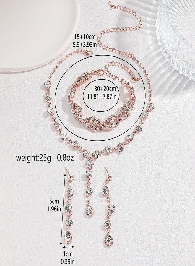 IS4U 3PCS Bridal Wedding Earrings Necklace Bracelet Set Sparkling Rhinestone Crystals Necklace Dangle Earrings Bracelet Set Wedding Prom Banquet Party Ball Costume Jewelry Set for Women (Rose Gold) - Image 5