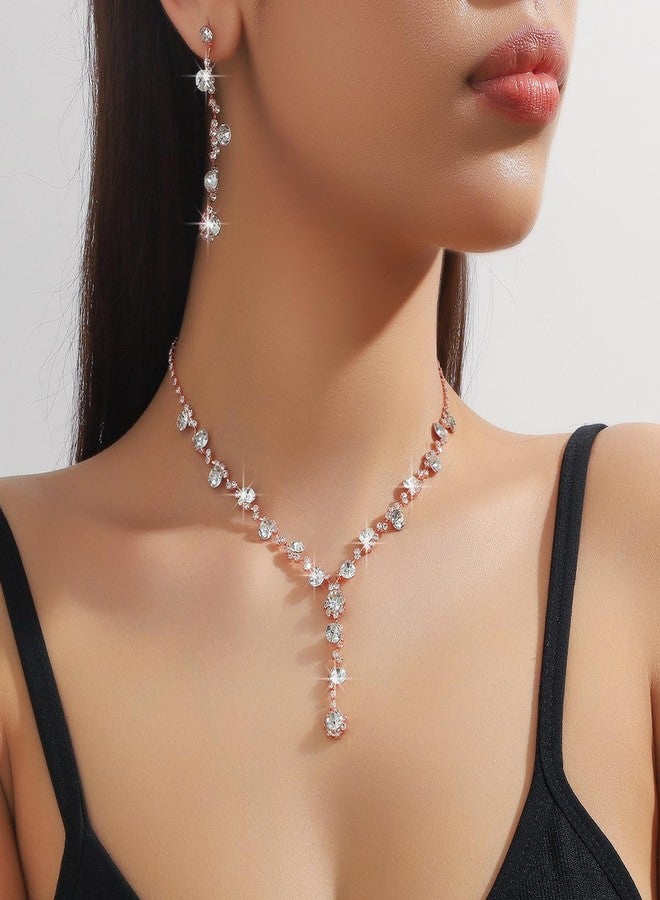 IS4U 3PCS Bridal Wedding Earrings Necklace Bracelet Set Sparkling Rhinestone Crystals Necklace Dangle Earrings Bracelet Set Wedding Prom Banquet Party Ball Costume Jewelry Set for Women (Rose Gold) - Image 3