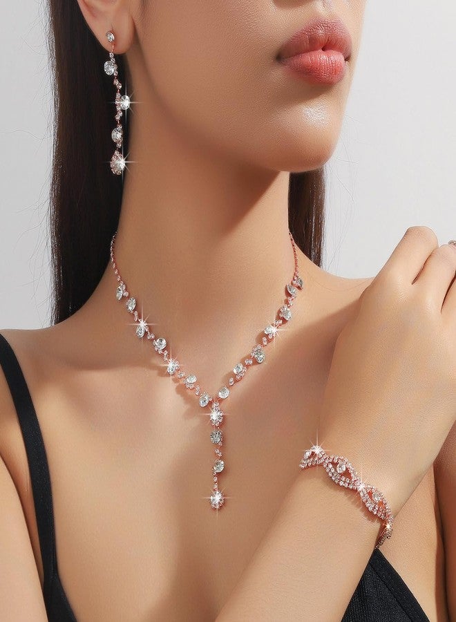 IS4U 3PCS Bridal Wedding Earrings Necklace Bracelet Set Sparkling Rhinestone Crystals Necklace Dangle Earrings Bracelet Set Wedding Prom Banquet Party Ball Costume Jewelry Set for Women (Rose Gold) - Image 2