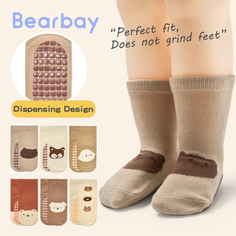 Bearbay Baby Socks 6 Pairs - Non-Slip Gripper for Toddlers, Infants & Kids, Soft Cotton Crew Socks for Boys & Girls - Image 2