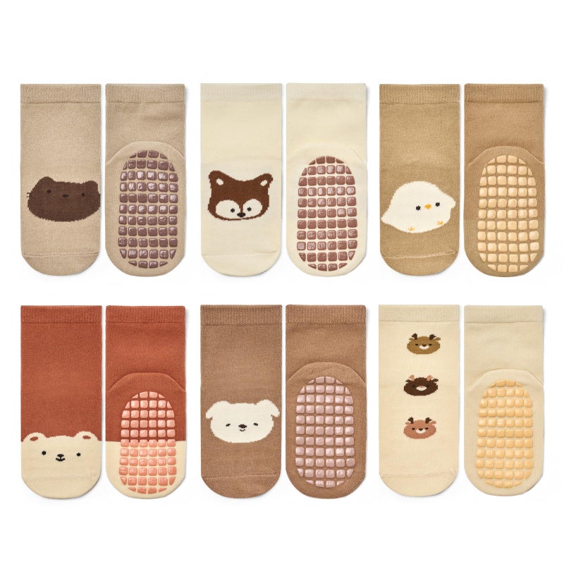 Bearbay Baby Socks 6 Pairs - Non-Slip Gripper for Toddlers, Infants & Kids, Soft Cotton Crew Socks for Boys & Girls - Image 1