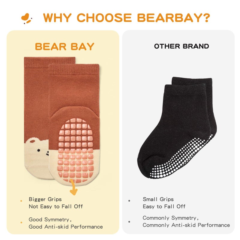 Bearbay Baby Socks 6 Pairs - Non-Slip Gripper for Toddlers, Infants & Kids, Soft Cotton Crew Socks for Boys & Girls - Image 4