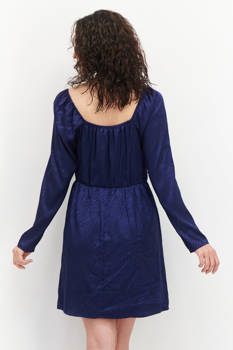 Aqua فستان كوكتيل نسائي برقبة مربعة مجعد، أزرق داكن - Image 4