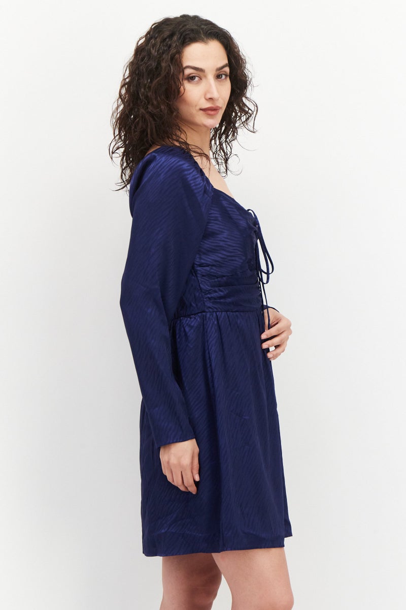 Aqua فستان كوكتيل نسائي برقبة مربعة مجعد، أزرق داكن - Image 2