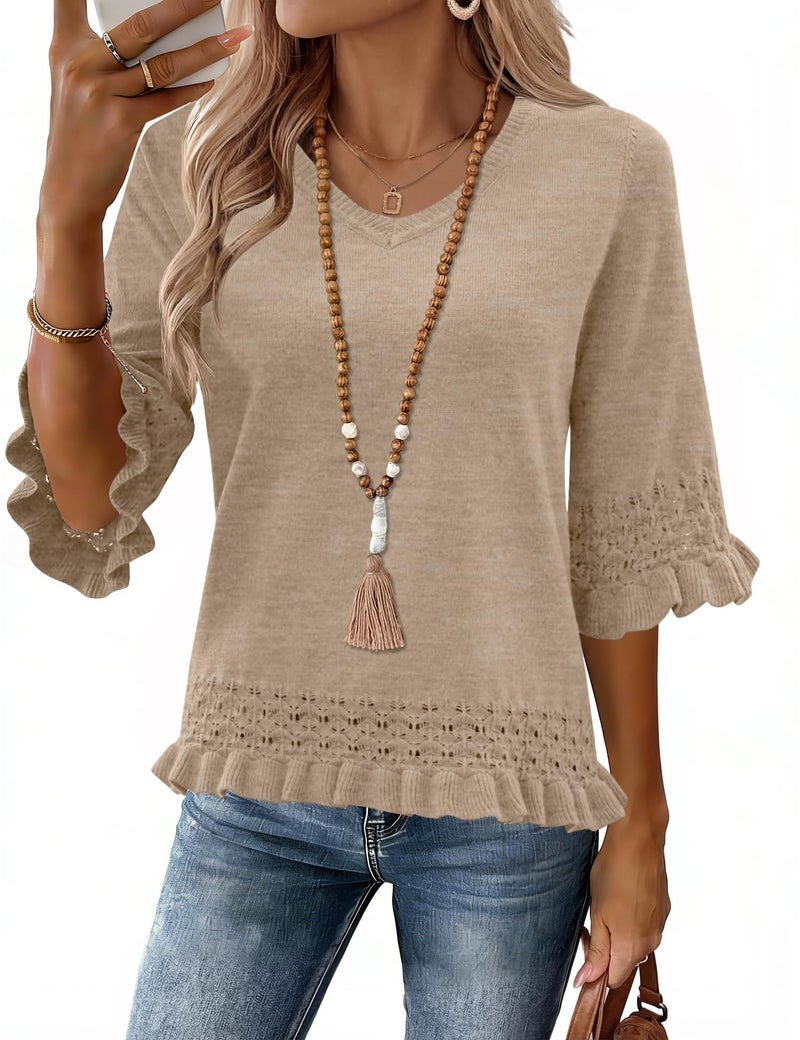 LOMON Women's Sweaters 3/4 Sleeve Womens Tops V Neck Sweater 2026 Spring Summer Knit Pullover Dressy Office Outfits Camel L - Image 1