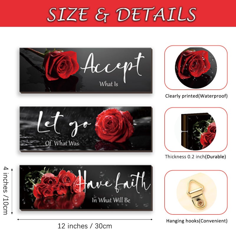 ZINYAZHE 3 Pcs Red Decor Flower Inspirational Wooden Wall Art Red Roses Decor Office Wall Decor with Accept Let Go Have Faith Positive Quotes for Girl Women Bathroom Living Room Bedroom(Red Rose12 x 4 Inch) - Image 3