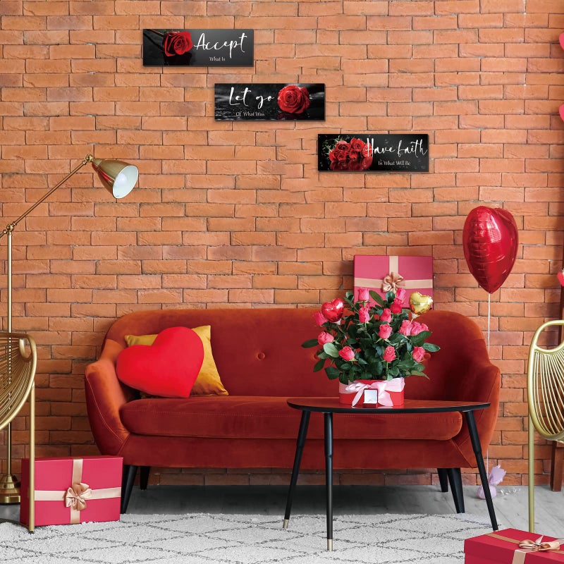 ZINYAZHE 3 Pcs Red Decor Flower Inspirational Wooden Wall Art Red Roses Decor Office Wall Decor with Accept Let Go Have Faith Positive Quotes for Girl Women Bathroom Living Room Bedroom(Red Rose12 x 4 Inch) - Image 5