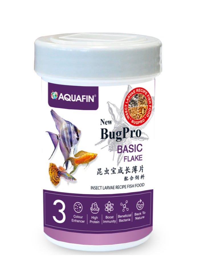 AQUAFIN BUGPRO basic flake is formulated with insect meal fish meal, peptised soya meal and beneficial bacteria to provide high protein 100ml 