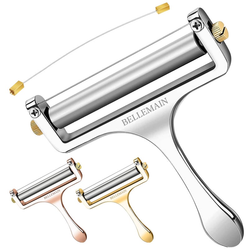 Bellemain Stainless Steel Wire Cheese Slicer Hand Held Cutter for Cheddar Gruyere Raclette Mozzarella Block Adjustable Shaver Thick Thin Slicer Curler Silver