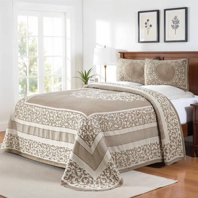 COTTON BLEND BEDSPREAD SET INCLUDES OVERSIZED BEDSPREAD AND 2 MATCHING PILLOW SHAMS LIGHT WEIGHT BLANKET BEDDING DECOR JACQUARD VINTAGE FLORAL MANDALA LYRON COLLECTION KING TAUPE