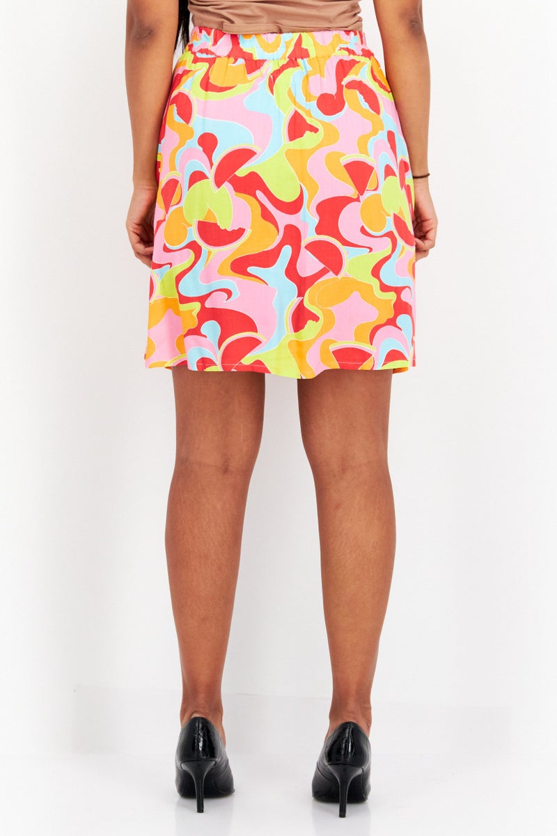 Native Youth تنورة ميني تجريدية للنساء، مجموعة حمراء - Image 2