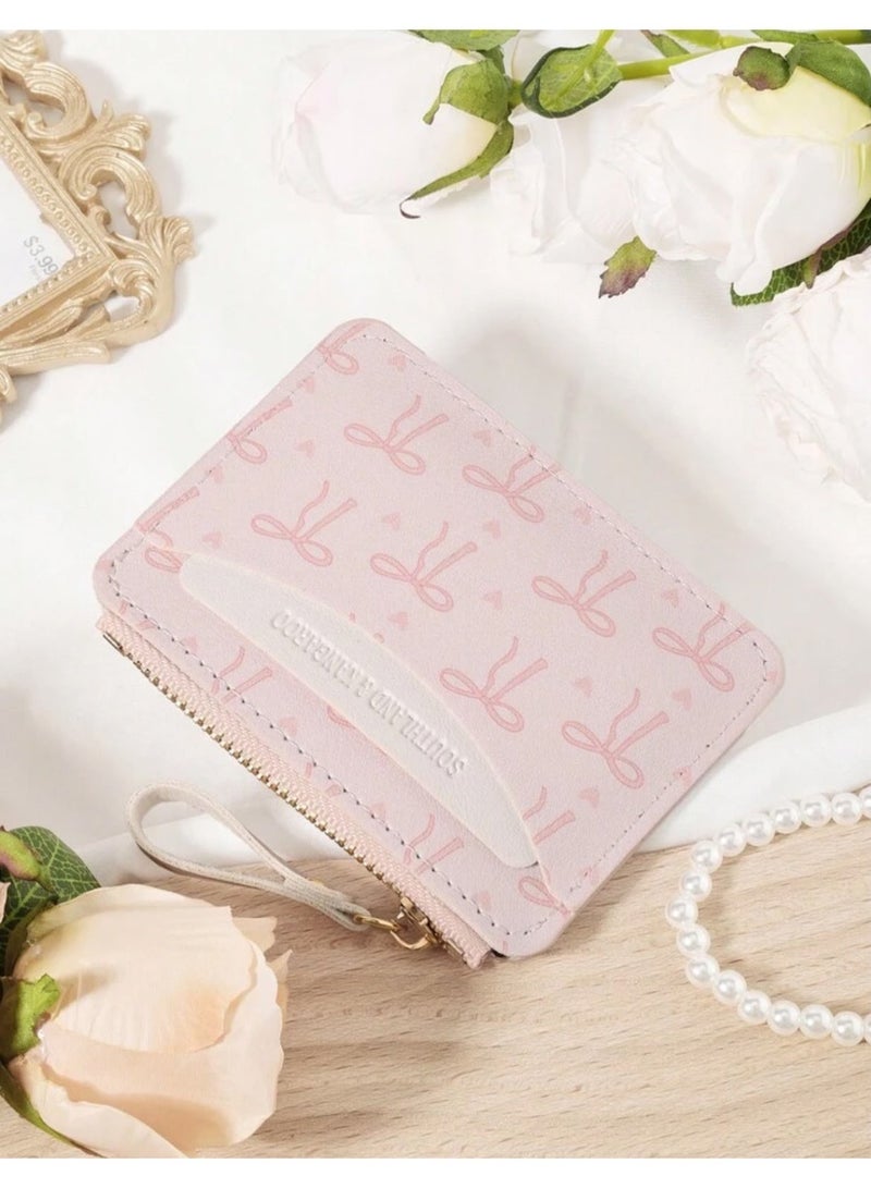 محفظة بطاقات مدمجة متعددة الفتحات مع جيب بسحاب ونقشة فيونكة وردي - Image 2