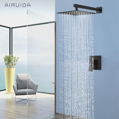 Airuida Shower Faucet Set Bathroom Rain Shower System SUS304 Stainless Steel Single Handle With Male Threads Rough-in Valve Shower Trim Kit 10 Inch Wall Mount Shower Head Matte Black - Image 3
