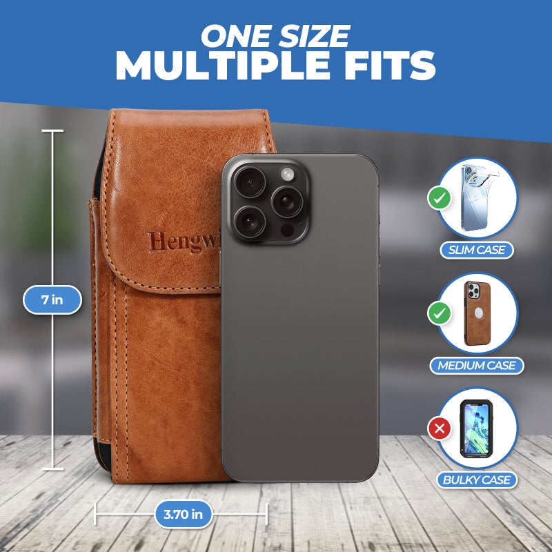 Hengwin Genuine Leather Cell Phone Holster Case with Belt Clip Fit for iPhone 16 Pro Max 15 Pro Max 14 Pro Max 13 Pro Max Samsung Galaxy S25 Ultra S24 Ultra Belt Holder Phone Pouch for Belt (Brown) - Image 2