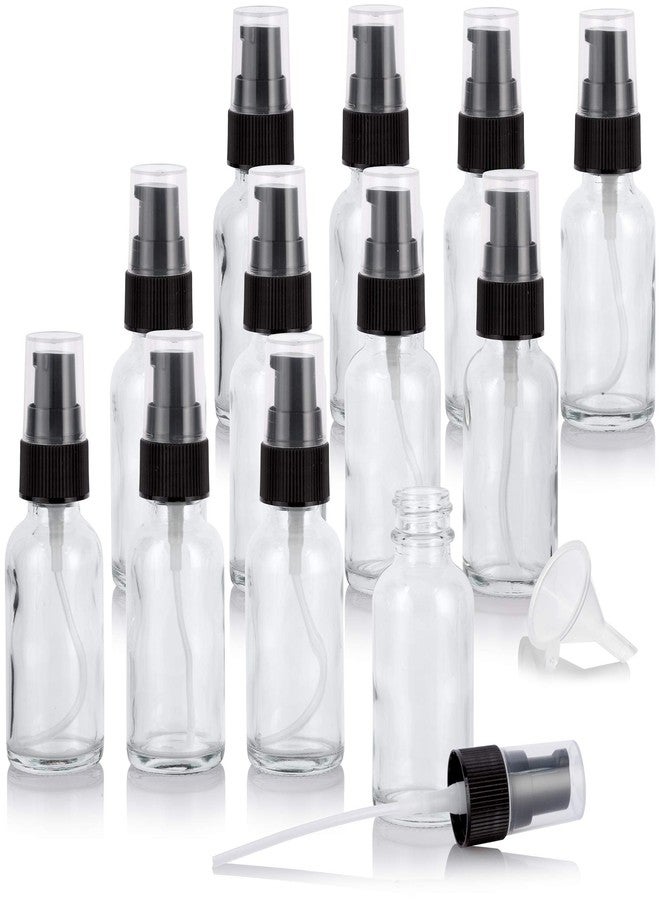 JUVITUS 1 oz / 30 ml Clear Glass Boston Round Bottle with Black Treatment Pump + Funnel (12 Pack) - Image 1