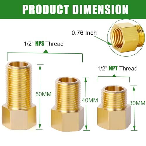 AWXYG 12 Brass Pipe Extension Fitting 12 Female to 12 Male Pipe Connector Fitting12 Pipe Fittings Extension for Tub SpoutShower with Teflon Tape 2PCS Length 304050MM 3PCS - Image 3