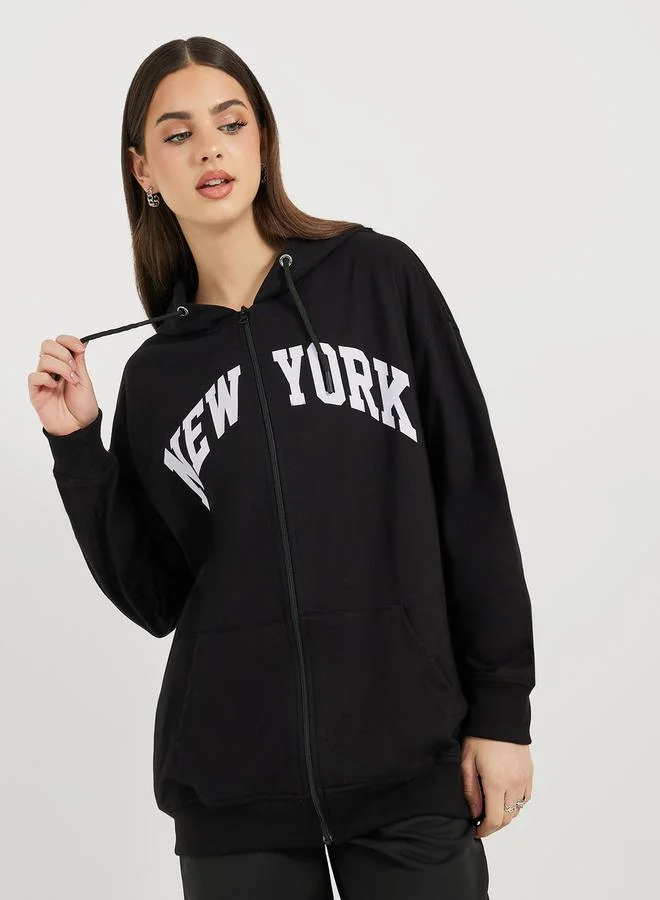 Styli Oversized Zip Through New York Print Hoodie