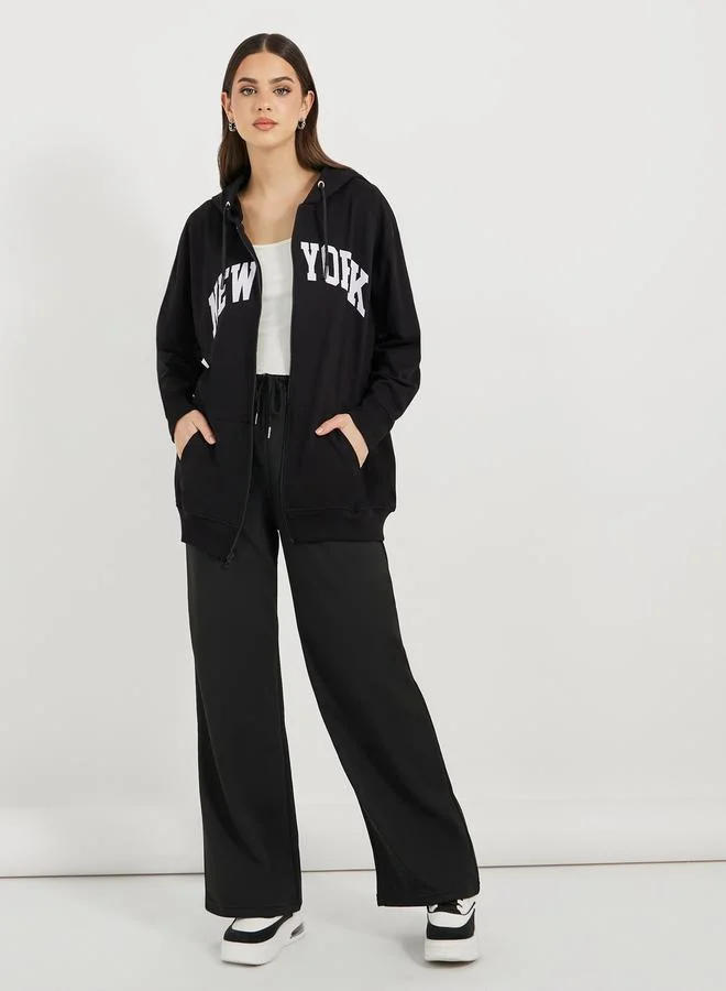 Styli Oversized Zip Through New York Print Hoodie