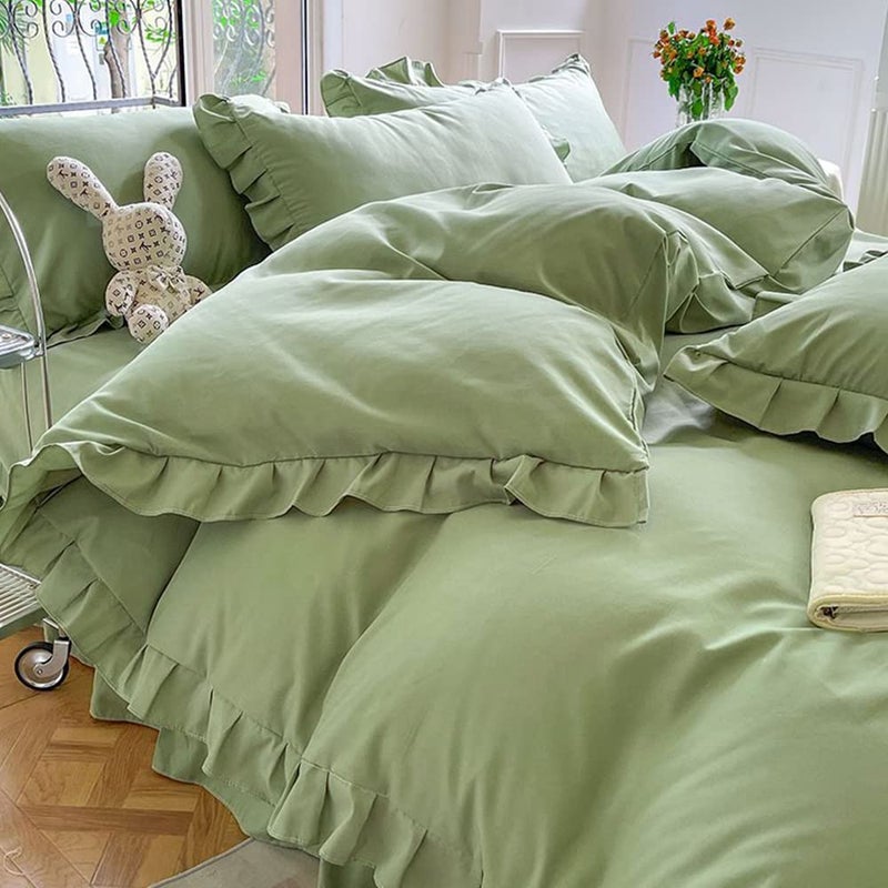 CLOTHKNOW Green Ruffles Comforter Set Full 3Pcs Sage Green Bedding Comforter Sets Green Boho Comforter Full Size Farmhouse Shabby Chic Soft Green Full Size Comforter Sets - Image 2