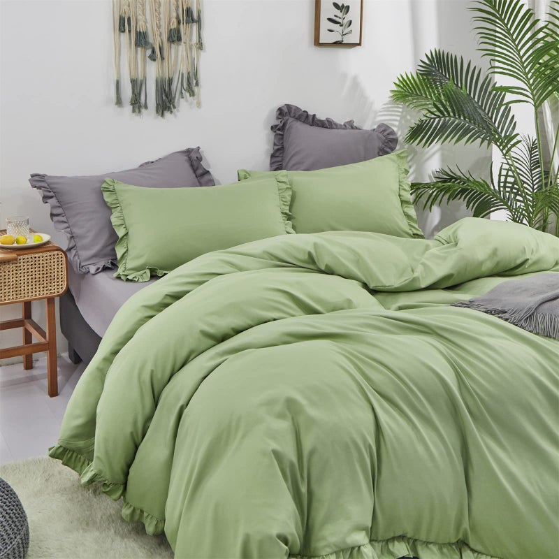 CLOTHKNOW Green Ruffles Comforter Set Full 3Pcs Sage Green Bedding Comforter Sets Green Boho Comforter Full Size Farmhouse Shabby Chic Soft Green Full Size Comforter Sets - Image 3