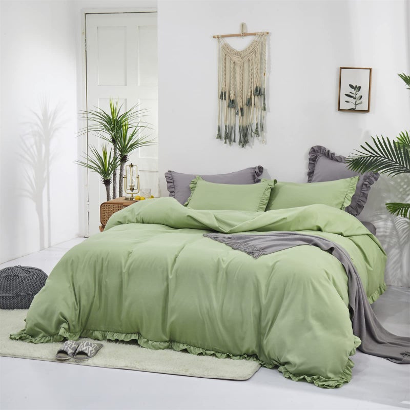 CLOTHKNOW Green Ruffles Comforter Set Full 3Pcs Sage Green Bedding Comforter Sets Green Boho Comforter Full Size Farmhouse Shabby Chic Soft Green Full Size Comforter Sets - Image 4