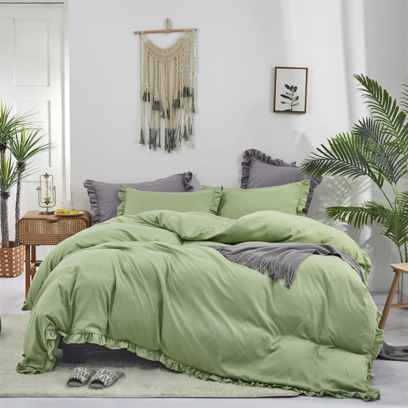 CLOTHKNOW Green Ruffles Comforter Set Full 3Pcs Sage Green Bedding Comforter Sets Green Boho Comforter Full Size Farmhouse Shabby Chic Soft Green Full Size Comforter Sets - Image 1