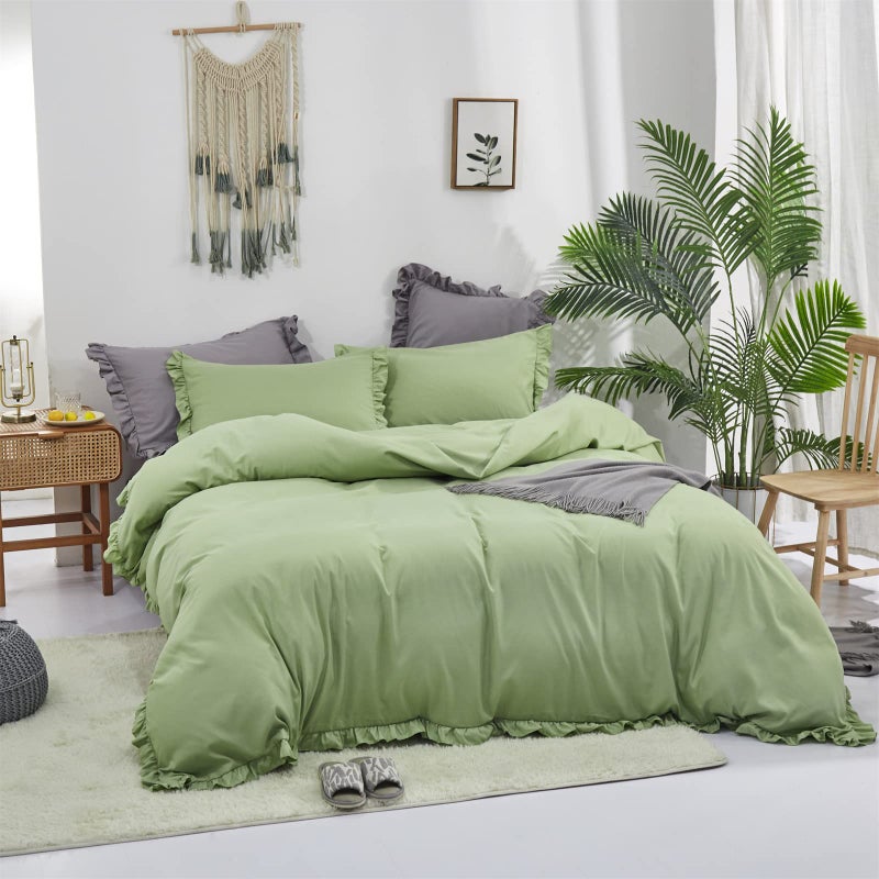 CLOTHKNOW Green Ruffles Comforter Set Full 3Pcs Sage Green Bedding Comforter Sets Green Boho Comforter Full Size Farmhouse Shabby Chic Soft Green Full Size Comforter Sets - Image 5