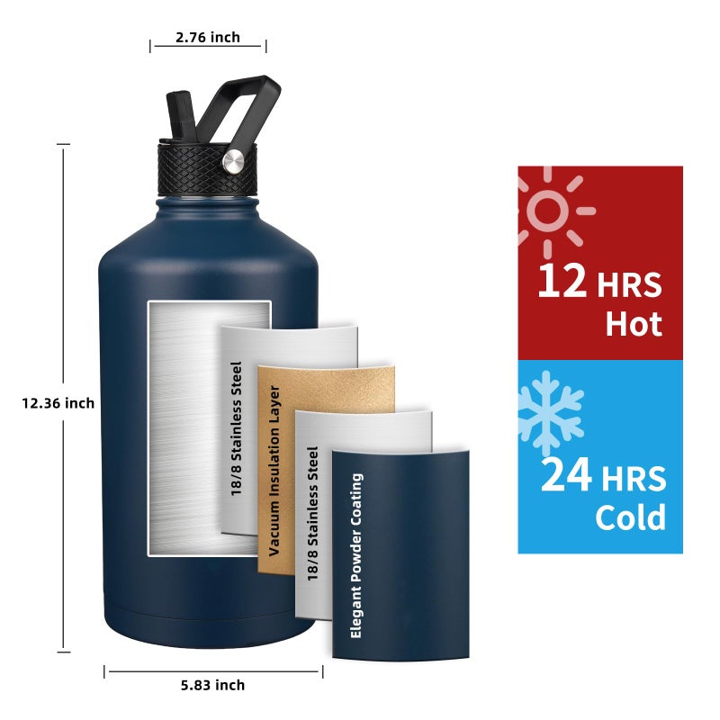 YONICOER Insulated Water Bottle 128oz,Triple Wall Vacuum Stainless Steel(Dishwasher Safe),Leak Proof & Non-BPA,Flask Jug with Paracord Handle & Straw Spout Lids Sports Navy Blue - Image 2