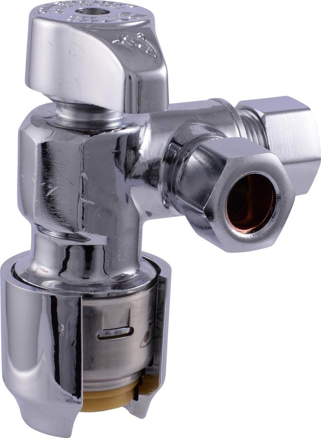 SharkBite Max 1/2 x 1/2 x 3/8 Inch Compression Dual Outlet Angle Stop Valve, Quarter Turn, Push to Connect Brass Plumbing Fitting, PEX Pipe, PE-RT, CPVC, Copper Pipe, UR25558 - Image 1