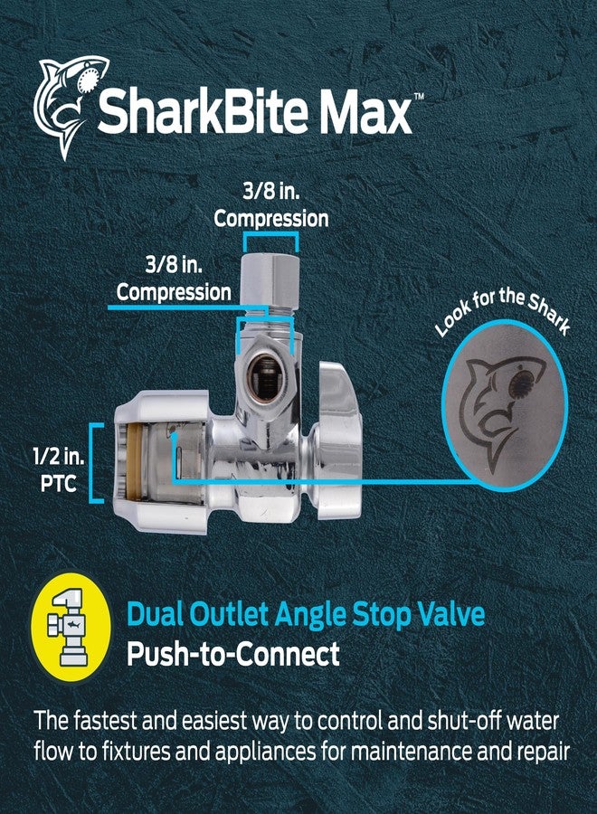 SharkBite Max 1/2 x 1/2 x 3/8 Inch Compression Dual Outlet Angle Stop Valve, Quarter Turn, Push to Connect Brass Plumbing Fitting, PEX Pipe, PE-RT, CPVC, Copper Pipe, UR25558 - Image 2