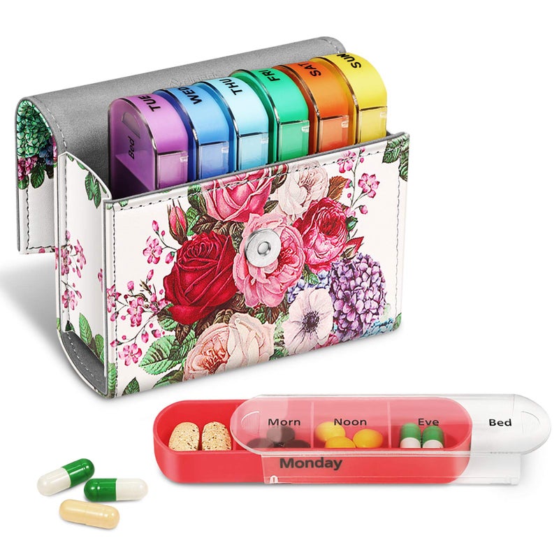 FINPAC Weekly Pill Organizers 4 Times A Day, Slide Open PU Leather Case Travel Pill Vitamin Medicine Reminder and Planner with Name Card for Morning| Afternoon| Evening| Bedtime (Flower Festival) - Image 1