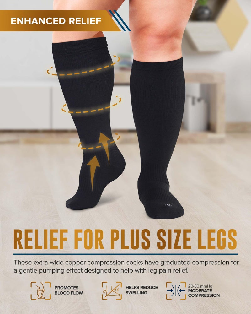 Doctor's Select Copper Plus Size Compression Socks Wide Calf - 2 Pairs | 20-30mmHg Extra Wide Calf Compression Socks Women | Copper Compression Sock Men & Women | Swelling & Circulation Support | Black - Image 2