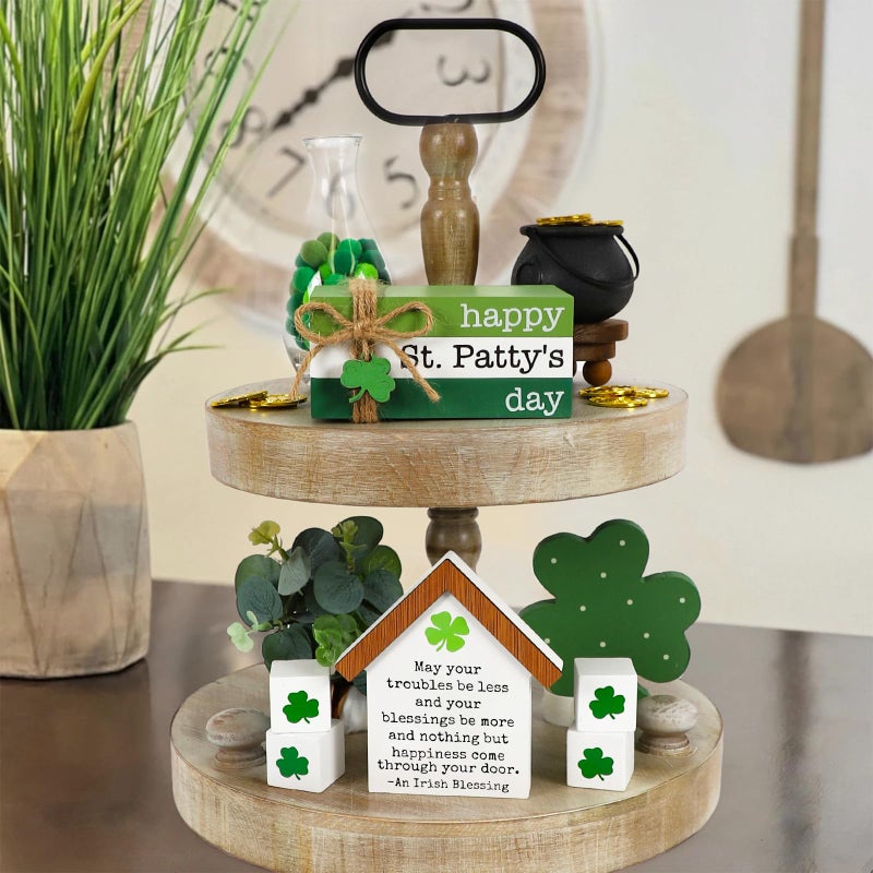 DAZONGE St. Patrick's Day Decorations, 6PCS St. Patrick's Day Tiered Tray Decor, Happy St. Pattyâ€™s Day Book Stack, Shamrock LUCK Blocks, St. Patrick's Day Signs for Home Table Shelf Decor - Image 2