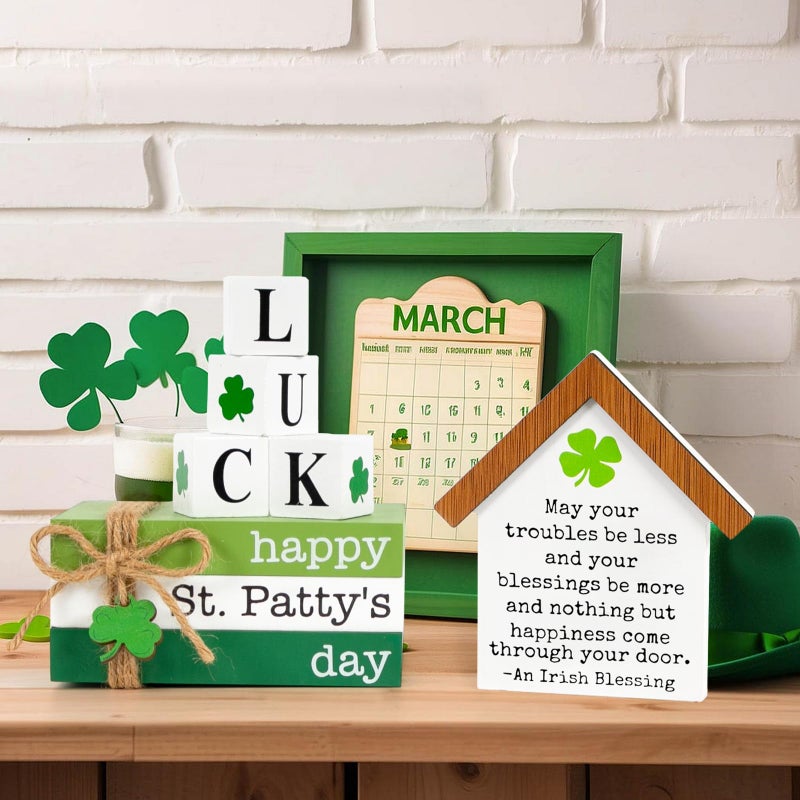 DAZONGE St. Patrick's Day Decorations, 6PCS St. Patrick's Day Tiered Tray Decor, Happy St. Pattyâ€™s Day Book Stack, Shamrock LUCK Blocks, St. Patrick's Day Signs for Home Table Shelf Decor - Image 5