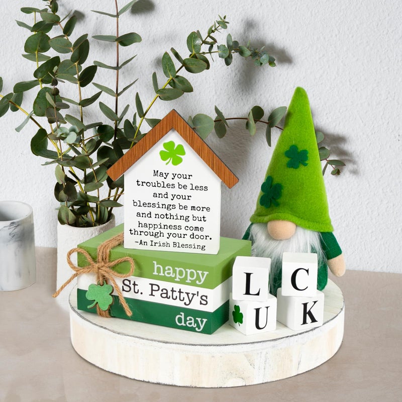DAZONGE St. Patrick's Day Decorations, 6PCS St. Patrick's Day Tiered Tray Decor, Happy St. Pattyâ€™s Day Book Stack, Shamrock LUCK Blocks, St. Patrick's Day Signs for Home Table Shelf Decor - Image 4